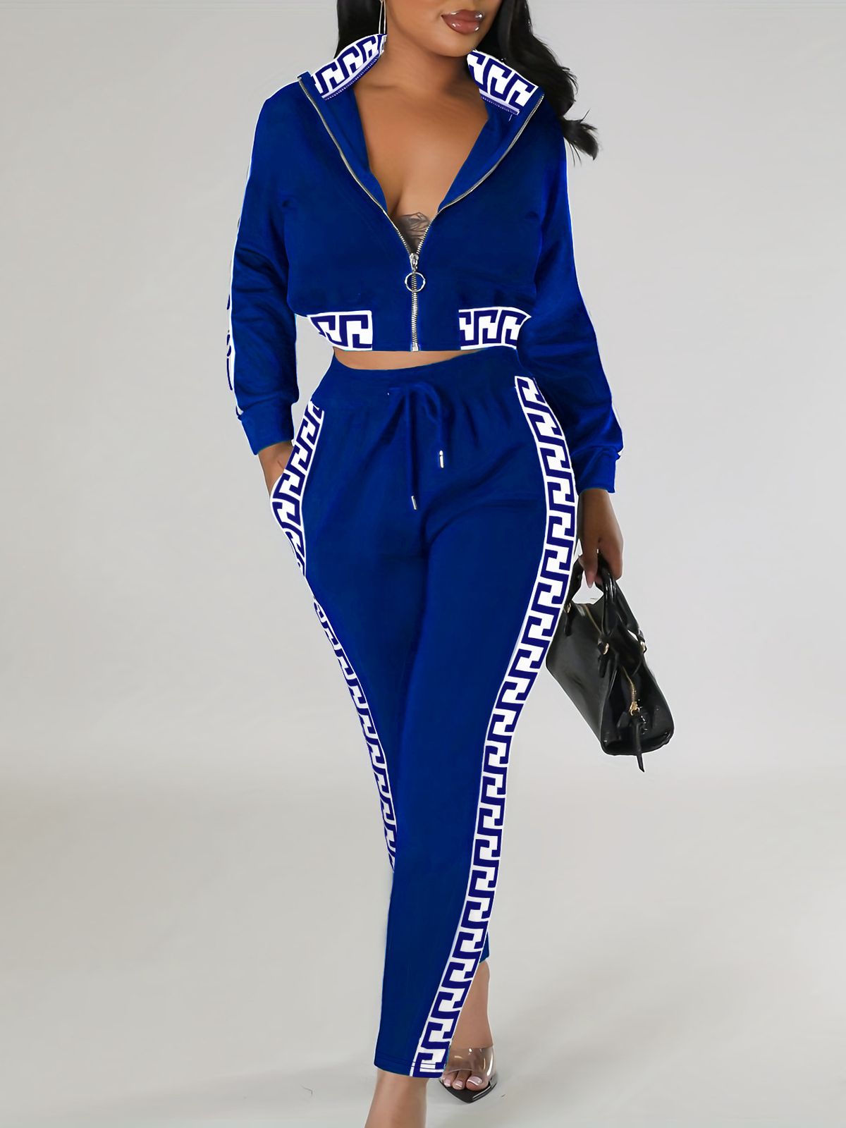 Women's Clothing Spring And Autumn Fashion Casual Suit Navel Baring Zipper Top Pattern Pattern Splicing Pants Two Piece Set For Women_ecoleips.com