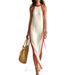Women's Sleeveless Relaxed Fit Maxi Dress Casual Side Stripe Split Hem Linen Blend for Vacation And Daily Wear Blue Black Brown Red Green_ecoleips.com