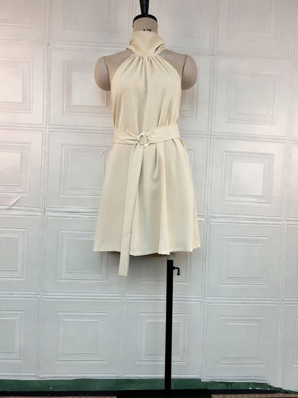 K New Neck Strap Solid Color Waist Cinching Solid Color Short Fashion Dress_ecoleips.com