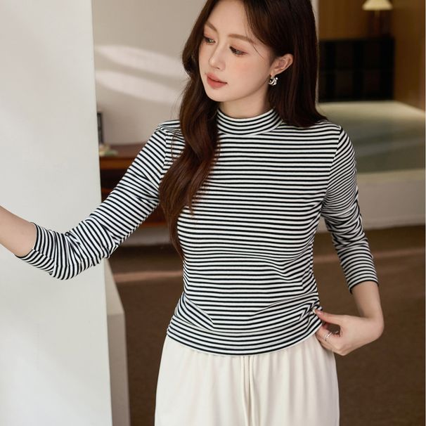 2025 #Selection Of Good Products # Pure Cotton T-Shirt Women's Long Sleeved Western-Style Striped Base Shirt 2025 Autumn And_ecoleips.com