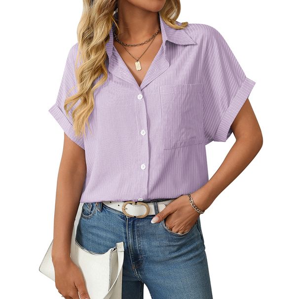 2025 Spring/Summer New Women's Loose Short Sleeve Pocket Casual Striped Shirt_ecoleips.com