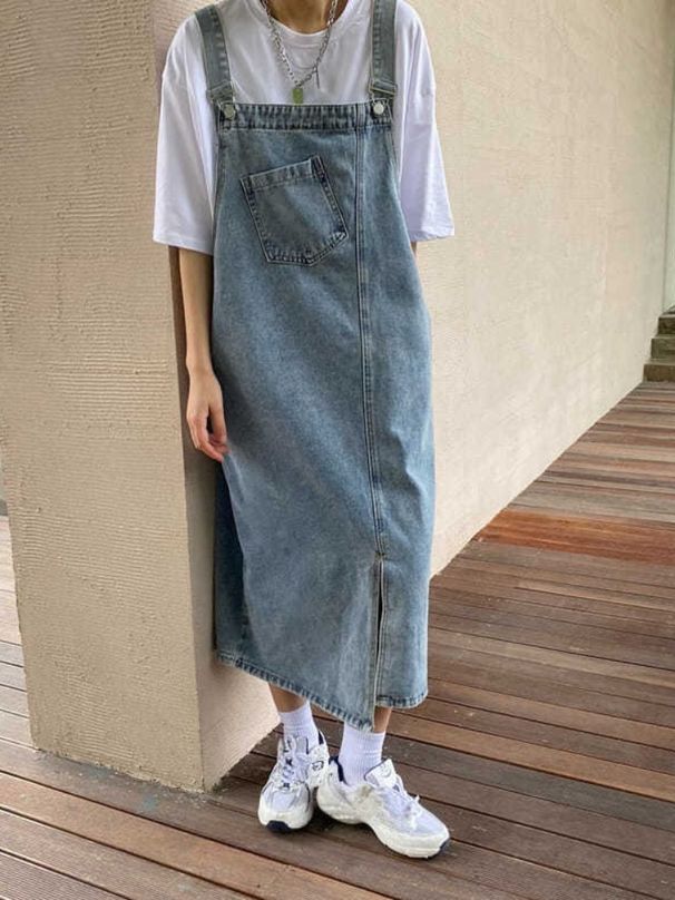 K Women's New Retro Loose Mid-Length Denim Strap Dress For Hip Hiding_ecoleips.com