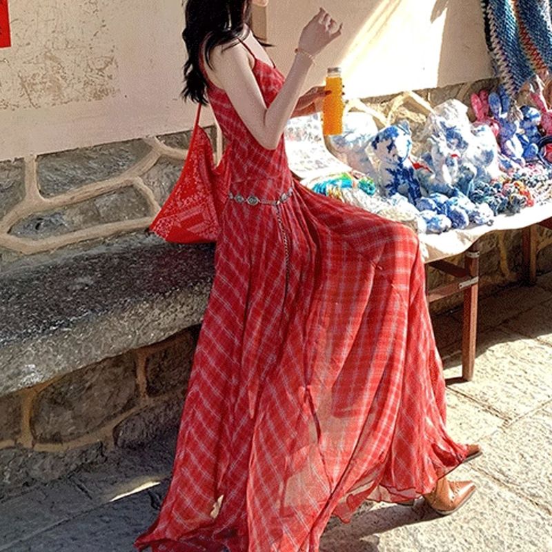 Juemei2025 Ew Casual Temperamet Waist Cichig Slimmig Patchwork Red Checkered Log Suspeder 14 Meter Dress For_ecoleips.com