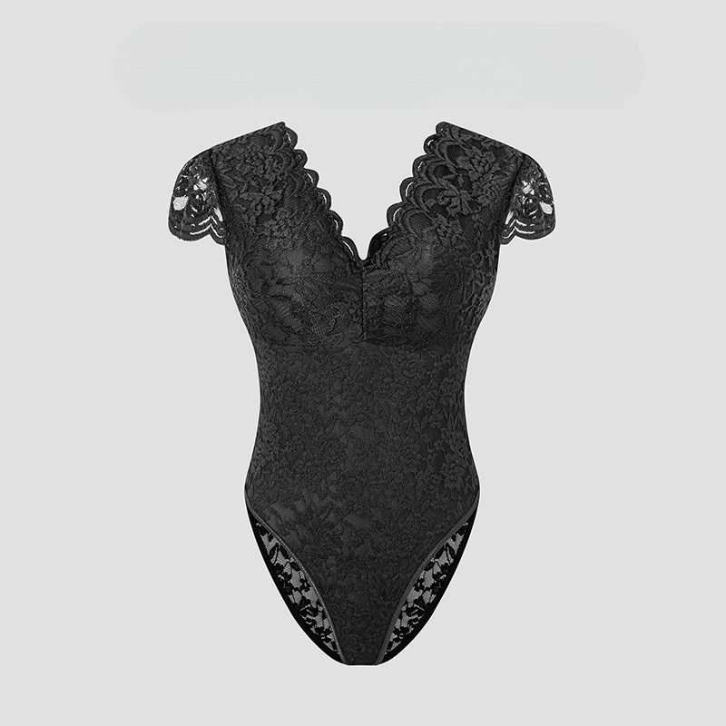 2025 Summer New Solid Color Lace Slim And Thin Deep V Backless Niche Design Onesie_ecoleips.com