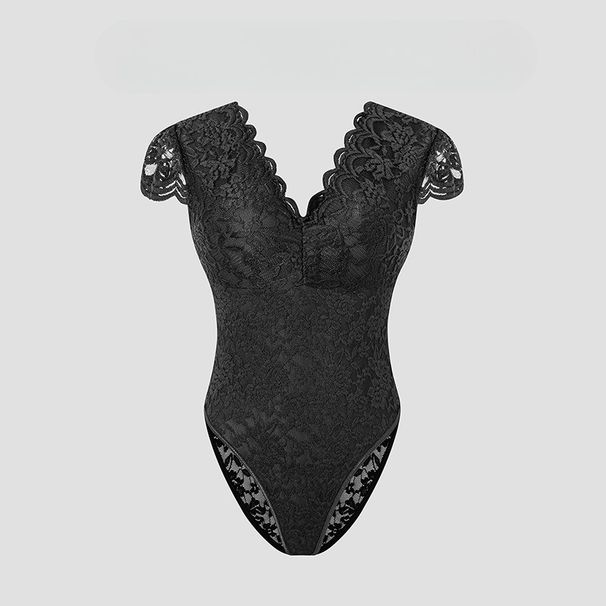 2025 Summer New Solid Color Lace Slim And Thin Deep V Backless Niche Design Onesie_ecoleips.com