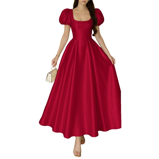ZANZEA Elegant Chic Women Satin Wedding Guest Party Long Dresses Square Neck Short Puff Sleeve Fitted Waist A-Line Dress S-3XL_ecoleips.com