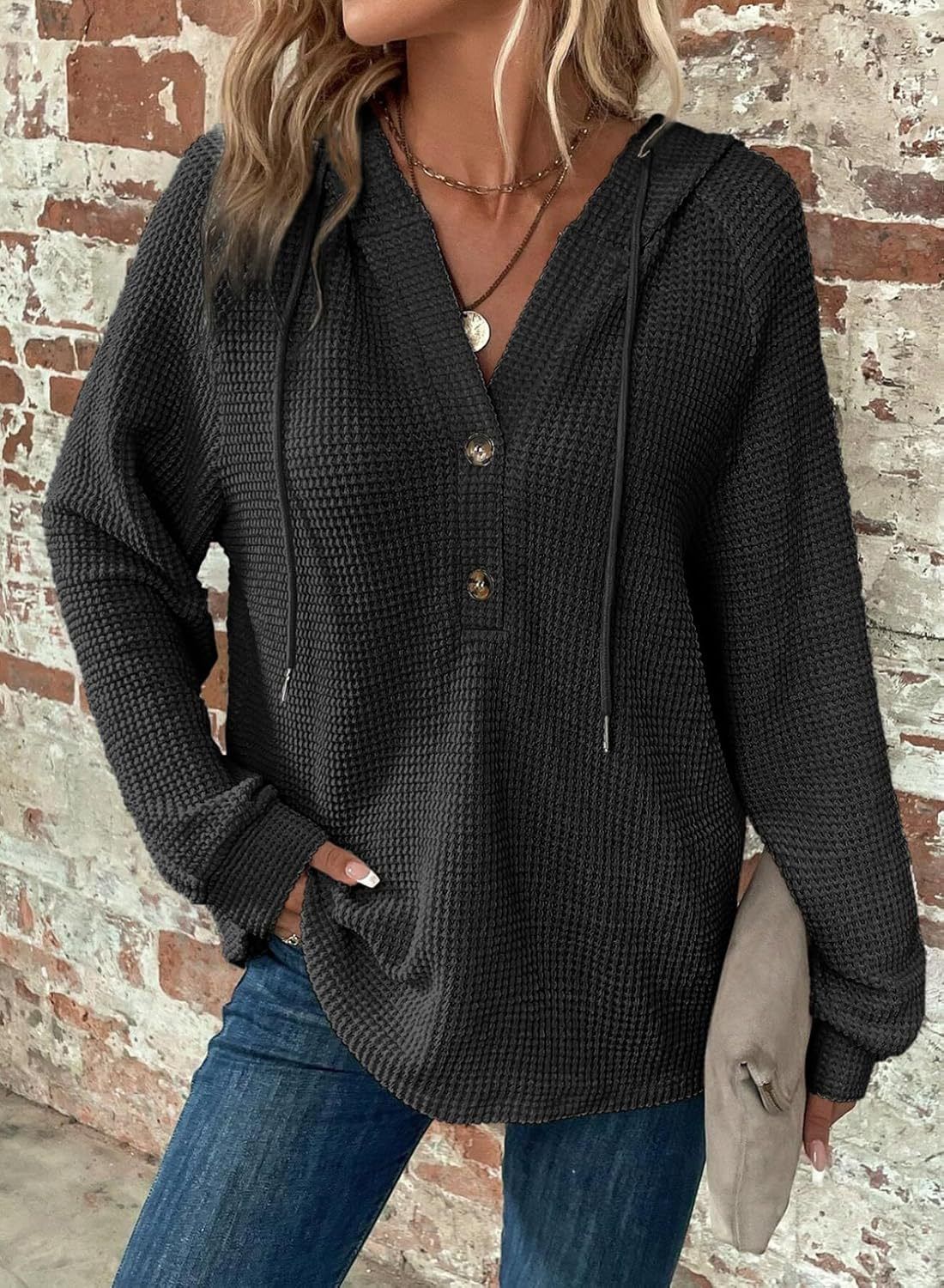 Women's Hooded V-Neck Long Sleeve Waffle Knit Pullover Sweatshirt Casual Sports Drawstring Button Detail Elegant Fashion Polyester_ecoleips.com