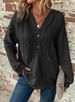Women's Hooded V-Neck Long Sleeve Waffle Knit Pullover Sweatshirt Casual Sports Drawstring Button Detail Elegant Fashion Polyester_ecoleips.com