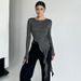Aria Basics Aria Basics TMBP-1052 European American Women's Clothing, Spring Autumn Solid Color Round-neck Ruffled Long-sleeve T-shirt Top, Slim_ecoleips.com
