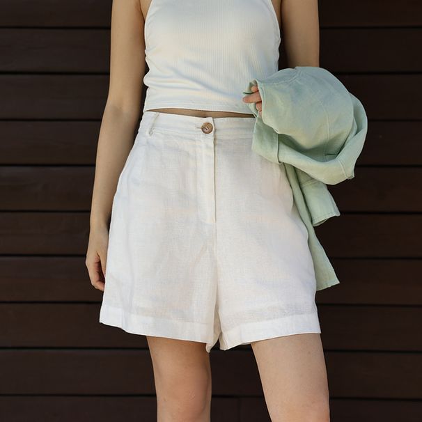 High-quality Pure Linen Shorts Women, New Summer Style, White Casual Simple A-line Pants, Loose Fit, High-waisted,_ecoleips.com