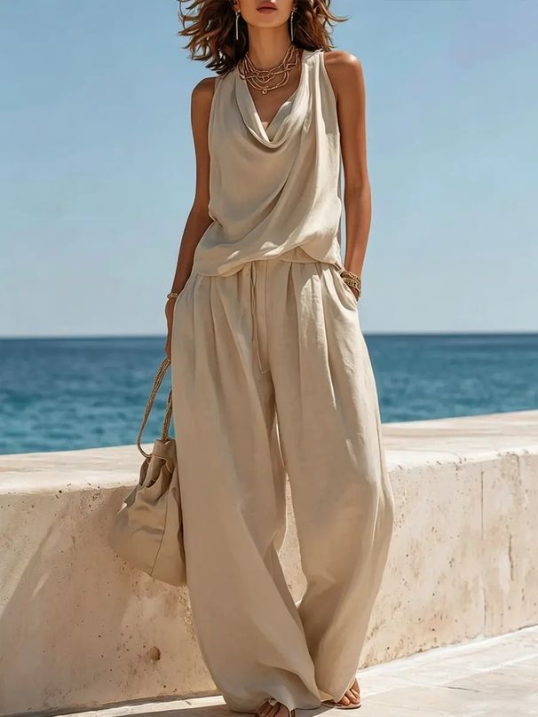 Women's Sleeveless Ruffled Neck Wide Leg Pants Set European American Style Summer Casual Vacation Two Piece Trendy Cross Border_ecoleips.com