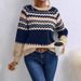 Classic Striped Knit Sweater For Women - Soft Round Neck Pullover With Color Block Design (Navy Blue)_ecoleips.com