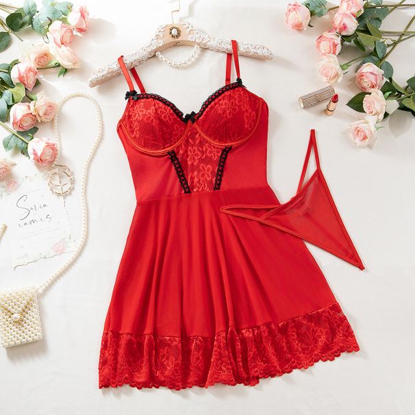 "Scarlet Seduction Lace Chemise Set – Sheer Red Valentine Lingerie With G-String & Fishnet Stockings, Adjustable Straps For Women (S/M/L)"_ecoleips.com