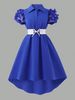 Women PuffSleeve ShirtCollar RoyalBlue 3DFloral HiLoHem Midi Dress ElegantRetro SpringSummer Chic Party Club Lightweight Dress_ecoleips.com