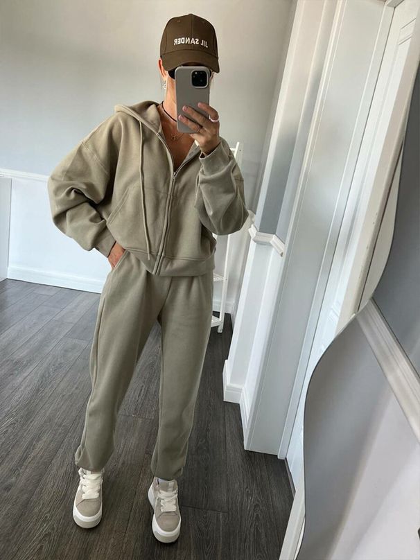 Cross-Border Casual European And American Women's Solid Color Long Sleeve Zipper Hoodie Elastic Drawstring Pants_ecoleips.com