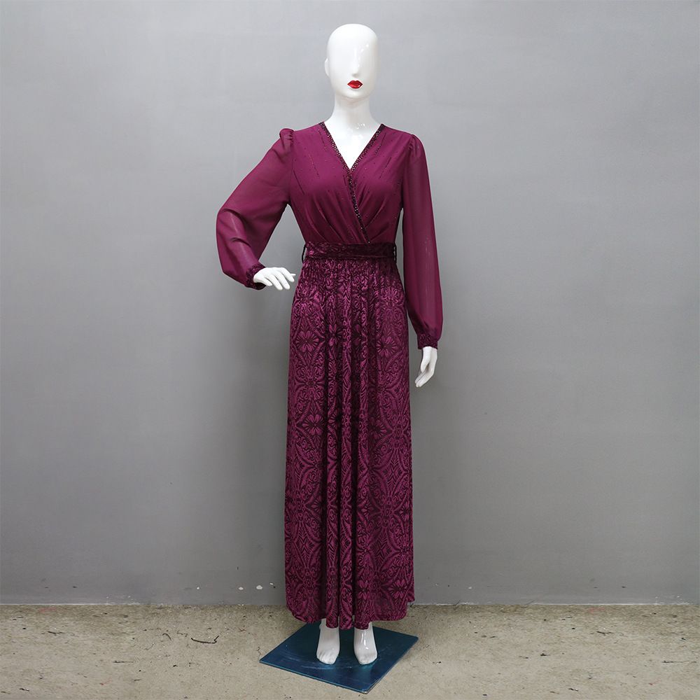 Muslim Dress Women's Clothing Elegant Velvet Burnout Chiffon Evening Gown With Rhinestone Embellishments - Modest Muslim Banquet Dress_ecoleips.com