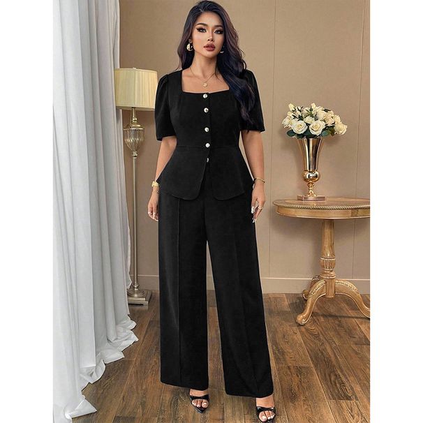 Large Size Women's Clothing Solid Color Square Neck Waist Top Straight Trousers Set Bubble Sleeve Top Drape Wide Leg Pants_ecoleips.com