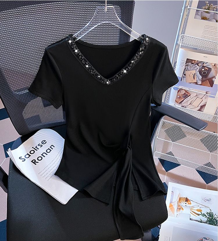 Women’s Clothing Large Size Heavy Stitching V Neck Short Sleeved T Shirt For Women Summer Style Slim Irregular Waist Slimming Hot Girl Top_ecoleips.com