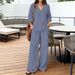 Women's Summer Casual Loose Two Piece Set V Neck Linen Wide Leg Pants Cross Border Trendy Style European American Style_ecoleips.com