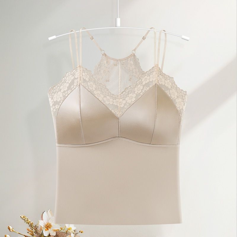 Silk Satin Lace Camisole For Women, Summer Lightweight With Built-in Chest Pads, Mesh Slim-fit Base Top_ecoleips.com