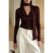Spicy Mature Style Women's T-Shirt with Ribbon V Neck Long Sleeved Base Layer Short Pleated Inner Design Fashionable Top_ecoleips.com