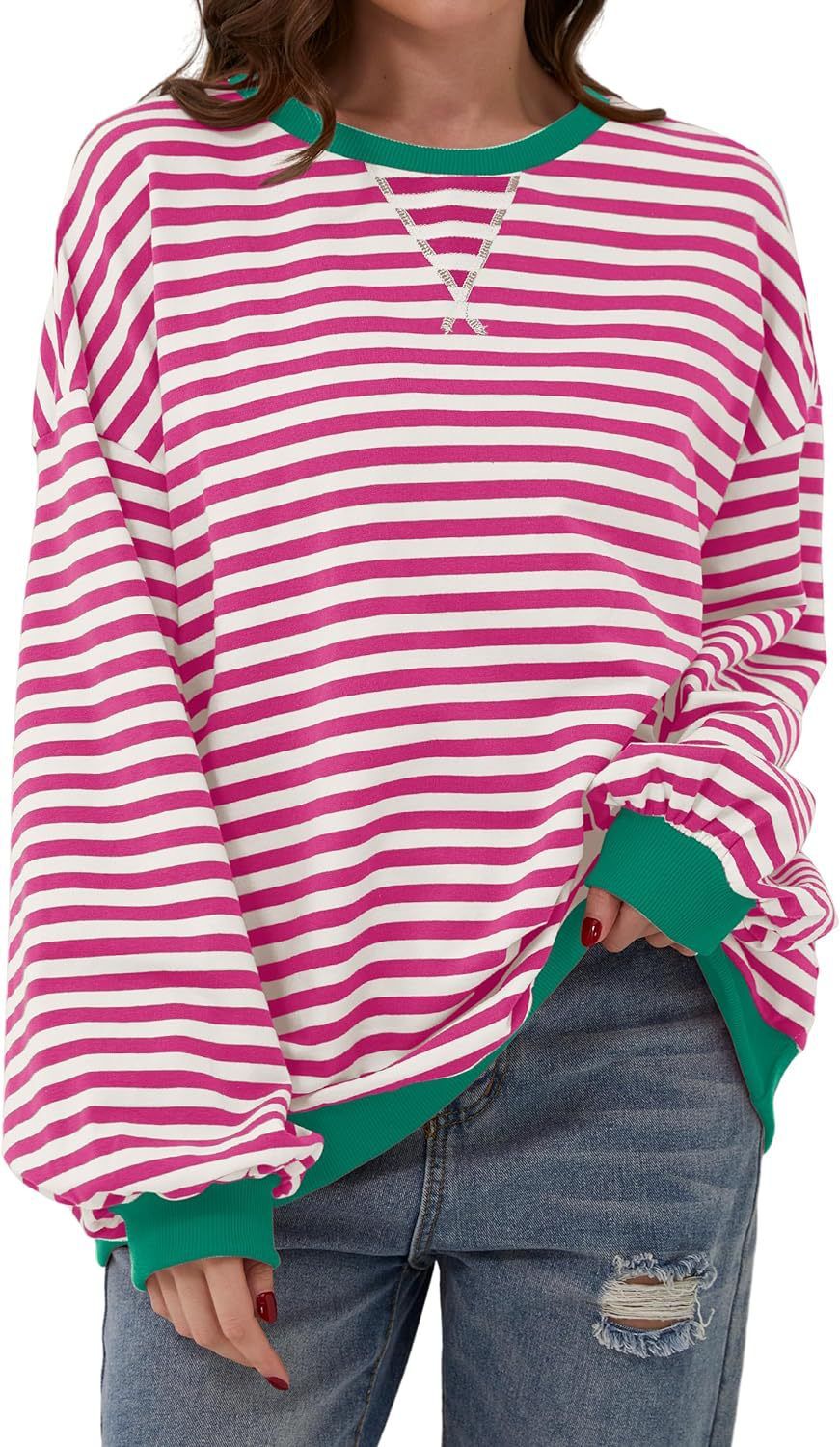 Women's Oversized Stripe Sweatshirt Fall Winter Casual Long Sleeve Pullover Hoodie Fashion Streetwear Loose Fit Cotton Blend_ecoleips.com