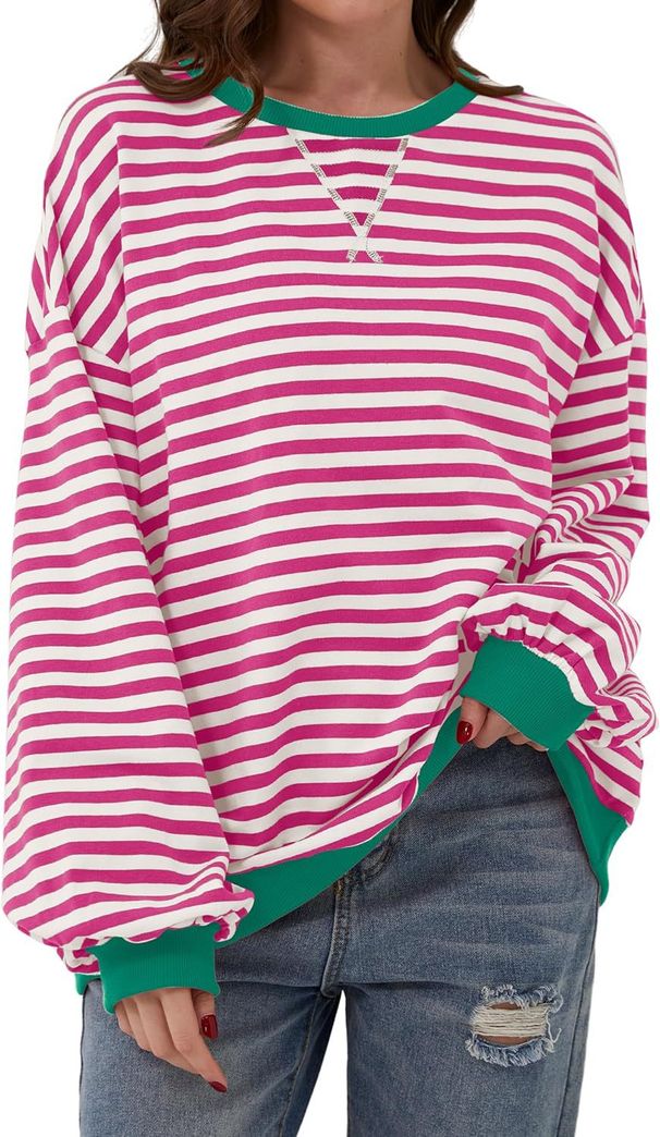 Women's Oversized Stripe Sweatshirt Fall Winter Casual Long Sleeve Pullover Hoodie Fashion Streetwear Loose Fit Cotton Blend_ecoleips.com
