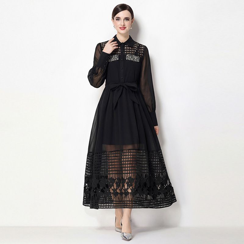 Women's Clothing Elegant French Style Women's Dress With Beaded Rhinestone Embellishments Openwork Design Lapel Collar Long Sleeves Fitted Waist_ecoleips.com