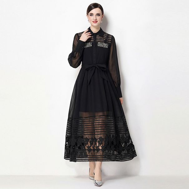 Women's Clothing Elegant French Style Women's Dress With Beaded Rhinestone Embellishments Openwork Design Lapel Collar Long Sleeves Fitted Waist_ecoleips.com