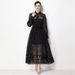 Women's Clothing Elegant French Style Women's Dress With Beaded Rhinestone Embellishments Openwork Design Lapel Collar Long Sleeves Fitted Waist_ecoleips.com