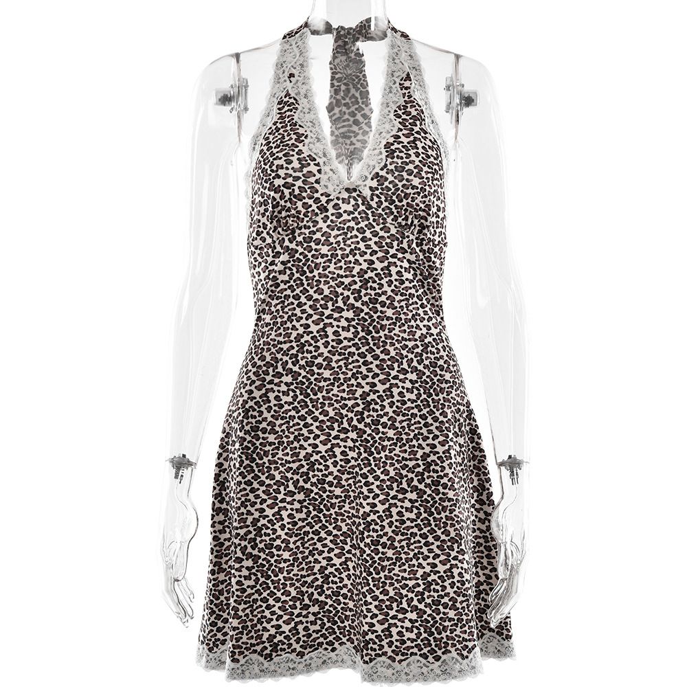 Women Trendy Hot‑Girl Mini Dress, Halter Neck Design, Open‑Back Style, Leopard Print Pattern, Delicate Lace Patchwork Detail_ecoleips.com