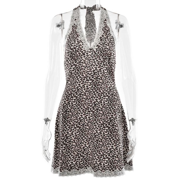 Women Trendy Hot‑Girl Mini Dress, Halter Neck Design, Open‑Back Style, Leopard Print Pattern, Delicate Lace Patchwork Detail_ecoleips.com