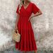 Women's V Neck Puff Sleeve Plush Dress Ruffled Short Sleeved Style Fashion Bestseller_ecoleips.com