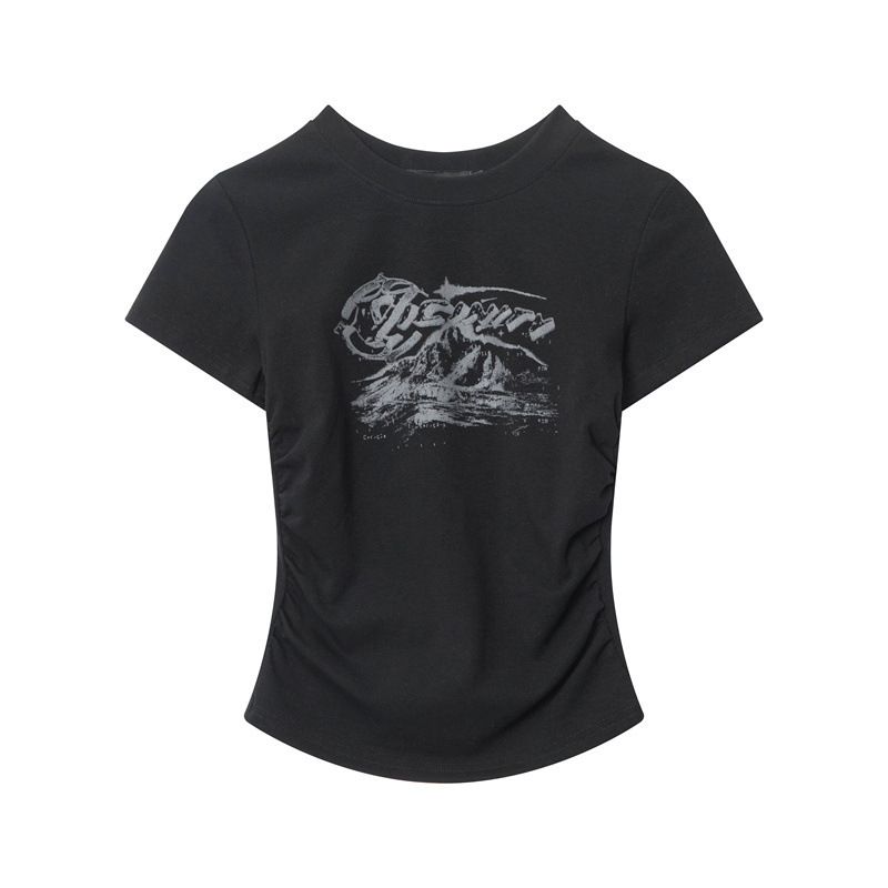 HeyHenry Summer Ruffled Slim Fit Printed round Neck T-Shirt Street Style Niche Hot Girl Top_ecoleips.com