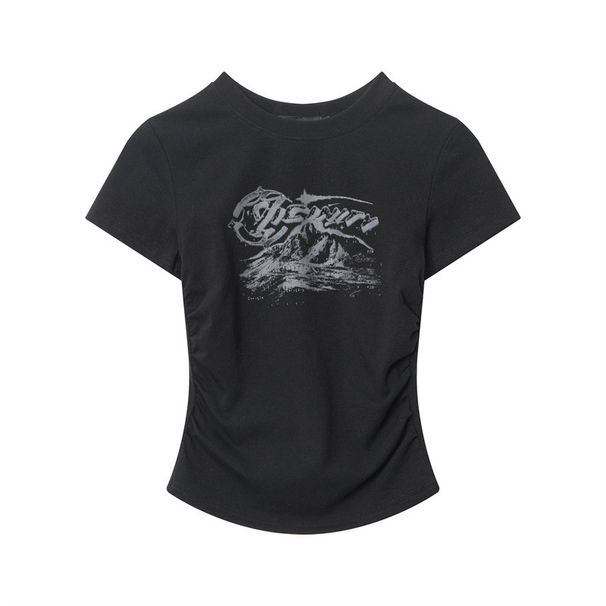 HeyHenry Summer Ruffled Slim Fit Printed round Neck T-Shirt Street Style Niche Hot Girl Top_ecoleips.com