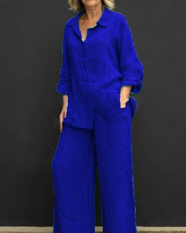Women's Collared Shirt Set Button Down Solid Color Loose Casual Wear New Style_ecoleips.com