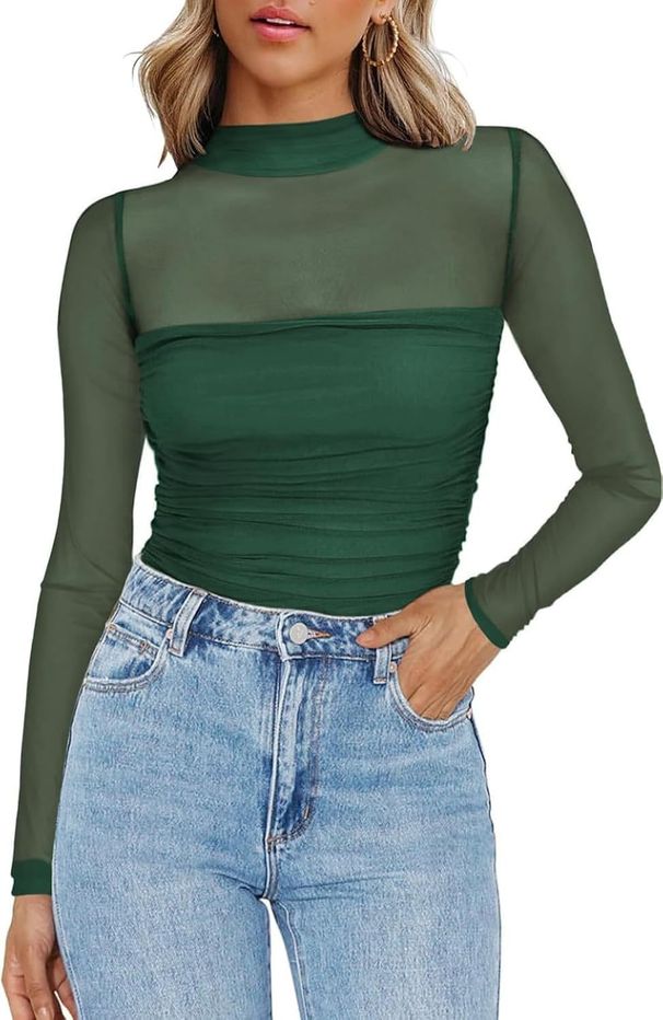 Women's Clothing New Solid Color Round Neck Mesh Splicing Perspective Long Sleeved Half High Collar Sexy Top_ecoleips.com
