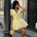 Talenza Puff Sleeve Mini Dress Women's Lace Up V Neck Embroidered Flower Decoration Slim Dress Lady Fashion Elegant Casual Dress_ecoleips.com