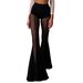 Sheer Mesh Bell Bottom Pants - Stretchy High-Waisted Flared Trousers With Cutout Detail For Women, Sexy Fashion Fit_ecoleips.com