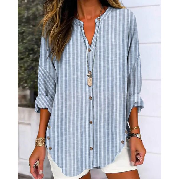Women's Clothing Autumn And Winter New Casual Fashion Button Striped Long Sleeved Solid Color Shirt_ecoleips.com