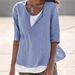 Verve 2025 Spring Summer V-neck Solid Color Cotton Linen Plus Size Mid-sleeve Women's Shirt_ecoleips.com
