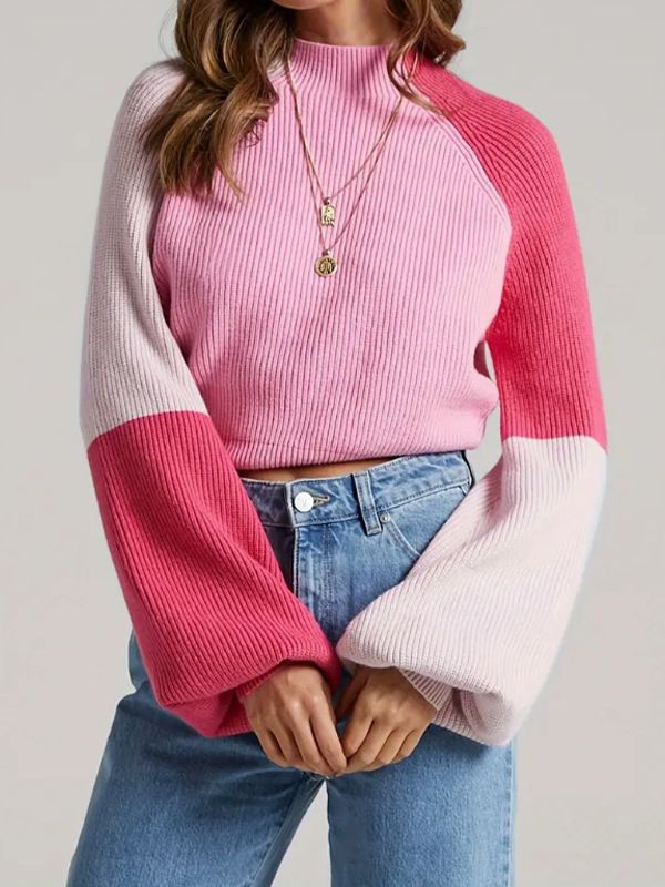 Women's Knitted Sweater Autumn Winter Fashion Loose Fit Color Block Pullover Top Casual Comfortable Round Neck Long Sleeve_ecoleips.com