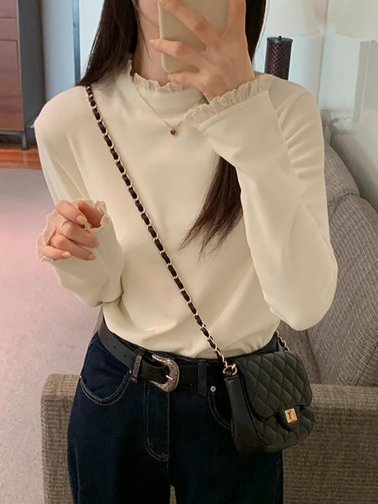 White Minimalist Stylish Mid-High Neck Double-Sided Velvet Comfortable Long-Sleeve Base Shirt For Autumn And Winter Wome_ecoleips.com