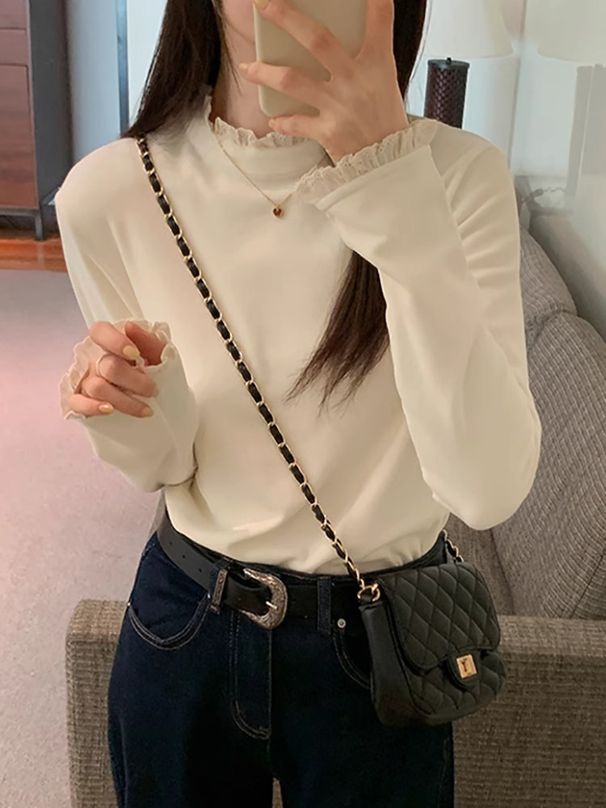 White Minimalist Stylish Mid-High Neck Double-Sided Velvet Comfortable Long-Sleeve Base Shirt For Autumn And Winter Wome_ecoleips.com