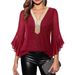 2026 European And American Fashion Casual Deep V-Neck Color-Block Three-Quarter Bell Sleeve Sequin_ecoleips.com