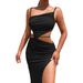 Hot-Selling Asymmetrical Neck Strap Women's European And American Sexy Lace-Up Hollow Long Dress With Slit_ecoleips.com