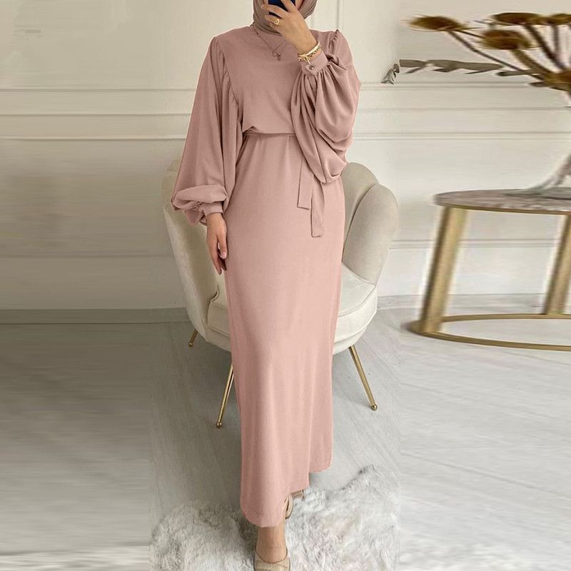 New Cross-border Elegant And Simple Lace-up Muslim Dress, Long-sleeved Solid Color Sundress Robe_ecoleips.com