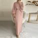 New Cross-border Elegant And Simple Lace-up Muslim Dress, Long-sleeved Solid Color Sundress Robe_ecoleips.com