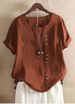 Summer Retro Women's Crew Neck Short Sleeve T-Shirt plus Size Casual Loose Button Cotton Linen Pullover Top Solid Color_ecoleips.com