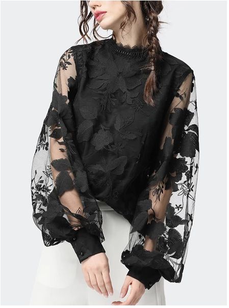 Women's Lace Puffed Sleeve Transparent Round Neck Solid Color Blouse Blouse_ecoleips.com